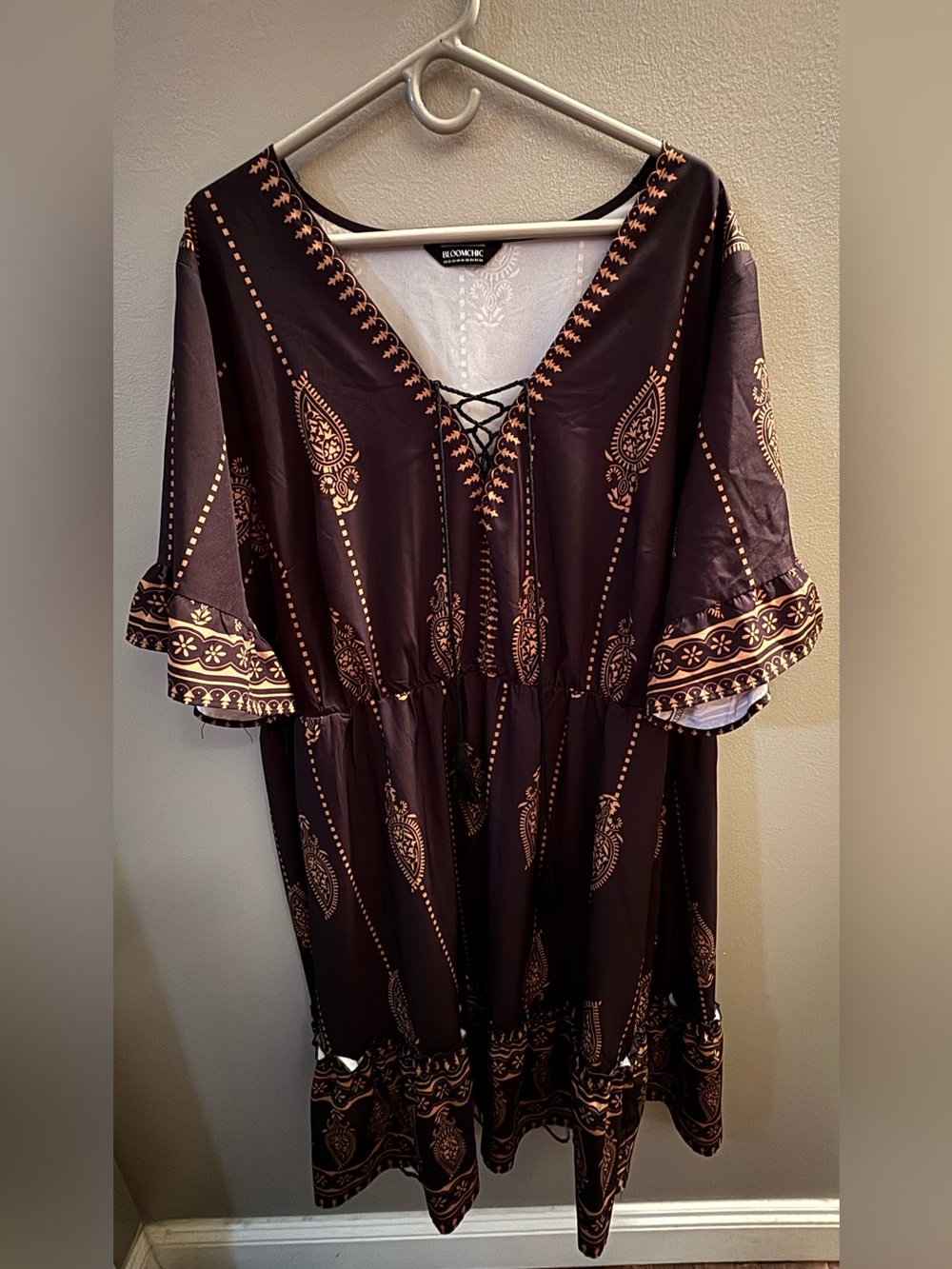 BloomChic Boho Lace-Up Tunic Midi Dress with Tassels— Black with Gold Print